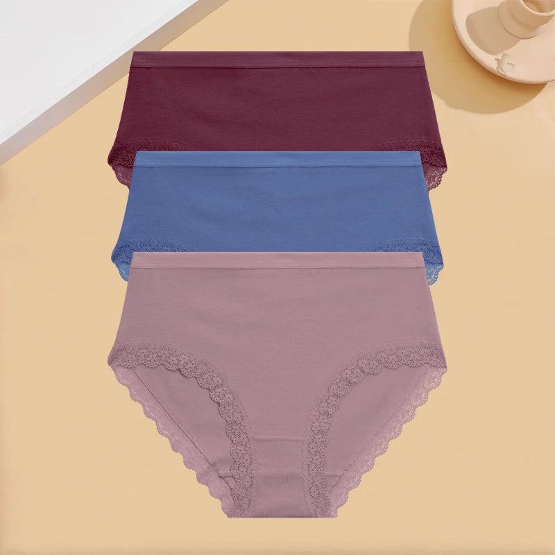 INTIMO SECRETS 3PCS Cotton Lace Panties – Plus Size Women’s Mid-Waist Lingerie