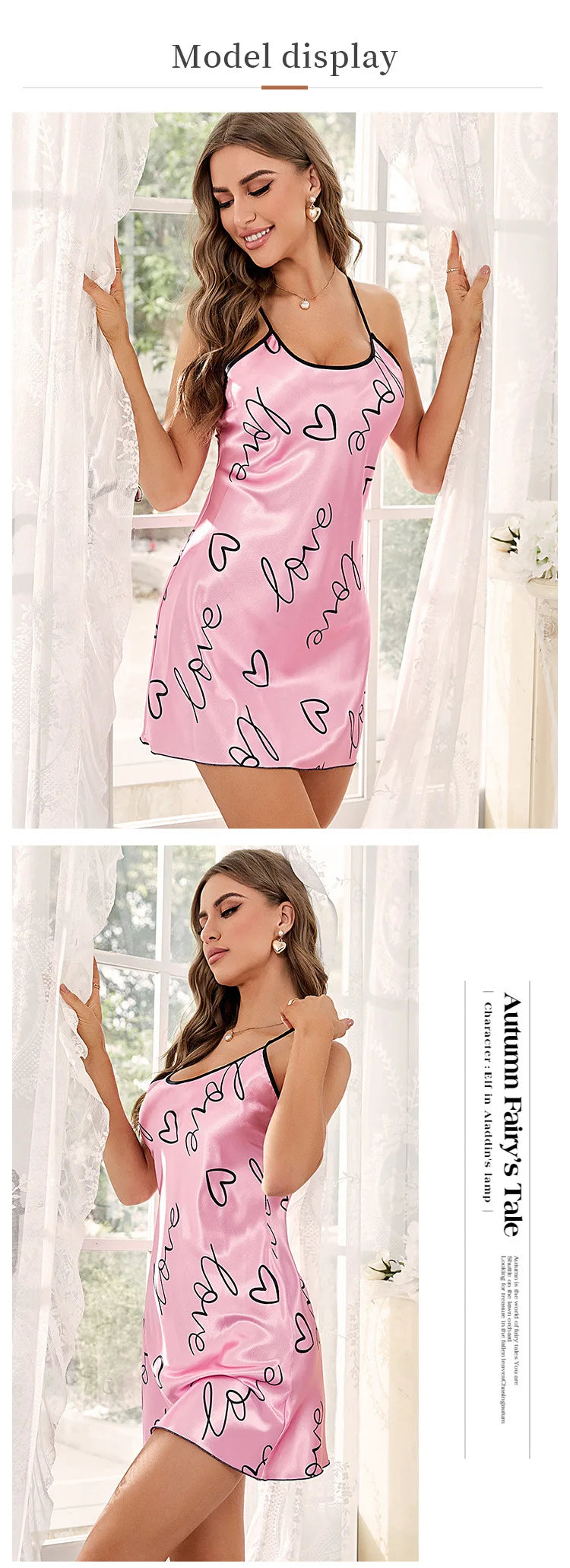 Heart Letter Print Nightdress Casual Round Neck Spaghetti Strap Sleep Dress Women's Sleepwear Dresses