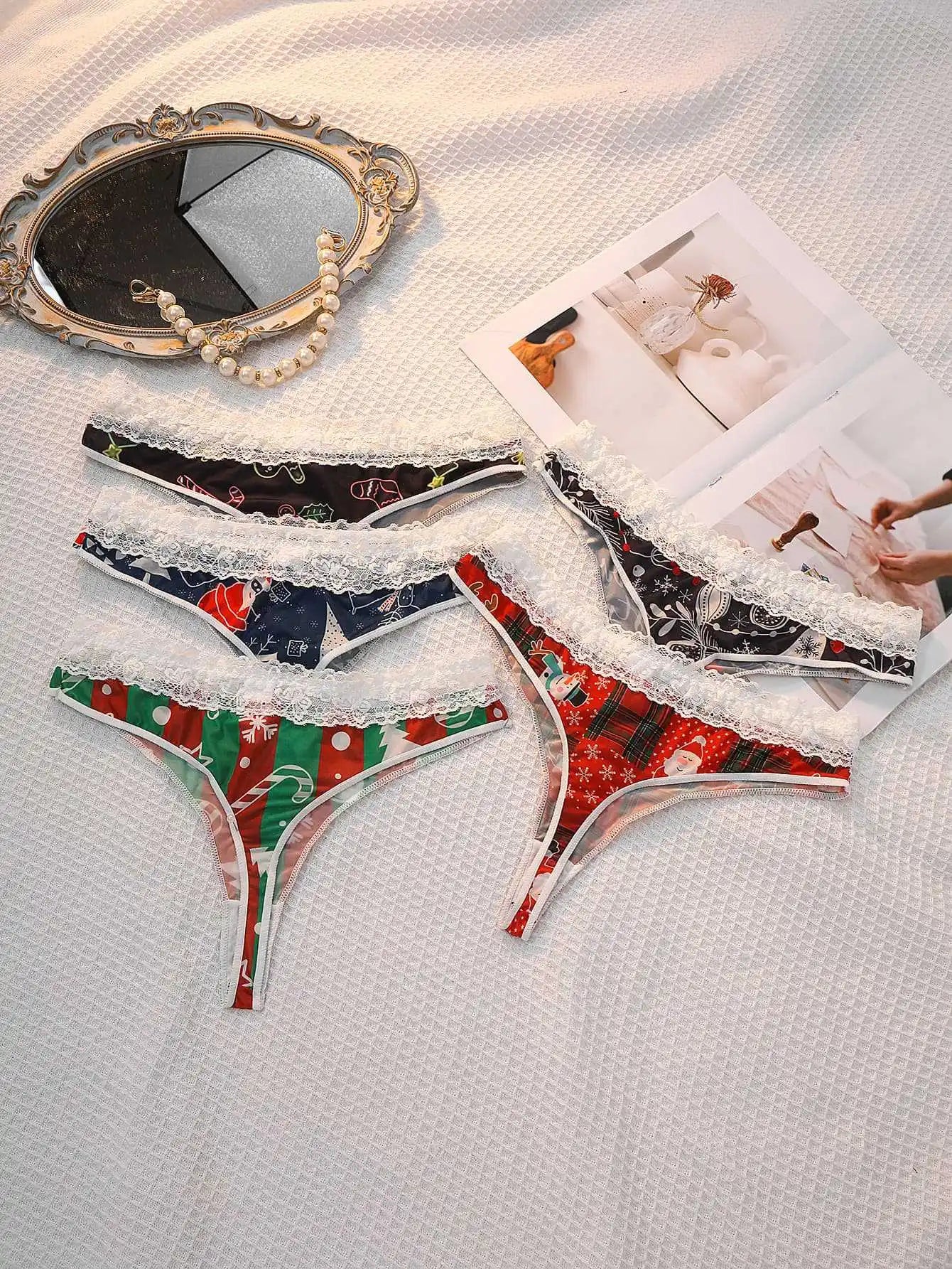 INTIMO SECRETS Sexy Christmas Print G-String – Festive Lace Thong & Breathable Soft Holiday Lingerie