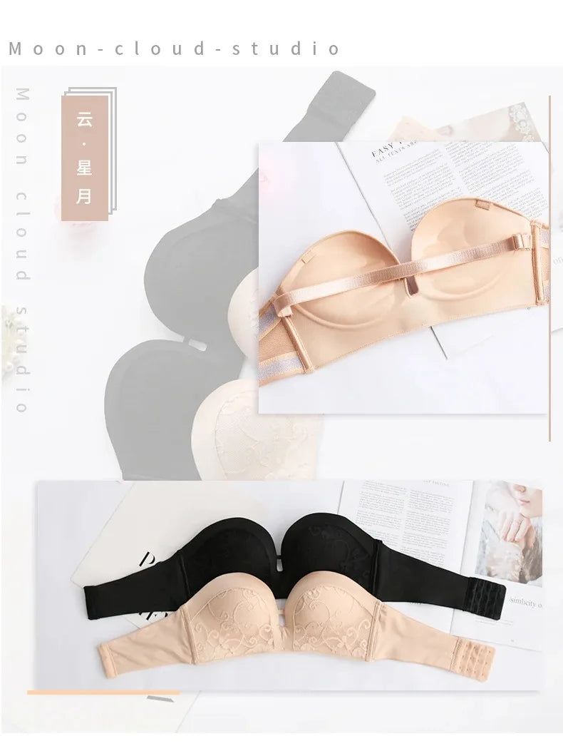 INTIMO SECRETS Women’s Sexy Strapless Bra – Black Lace Seamless Push-Up Invisible Bralette