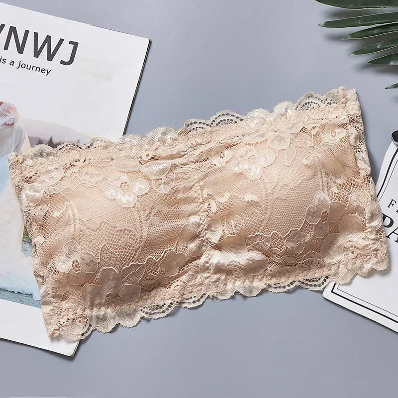 Lace Strapless Bra Women's Sexy Casual Wrap Tube Top Bandeau Short Tanks Bra Sleeveless Tank Tops