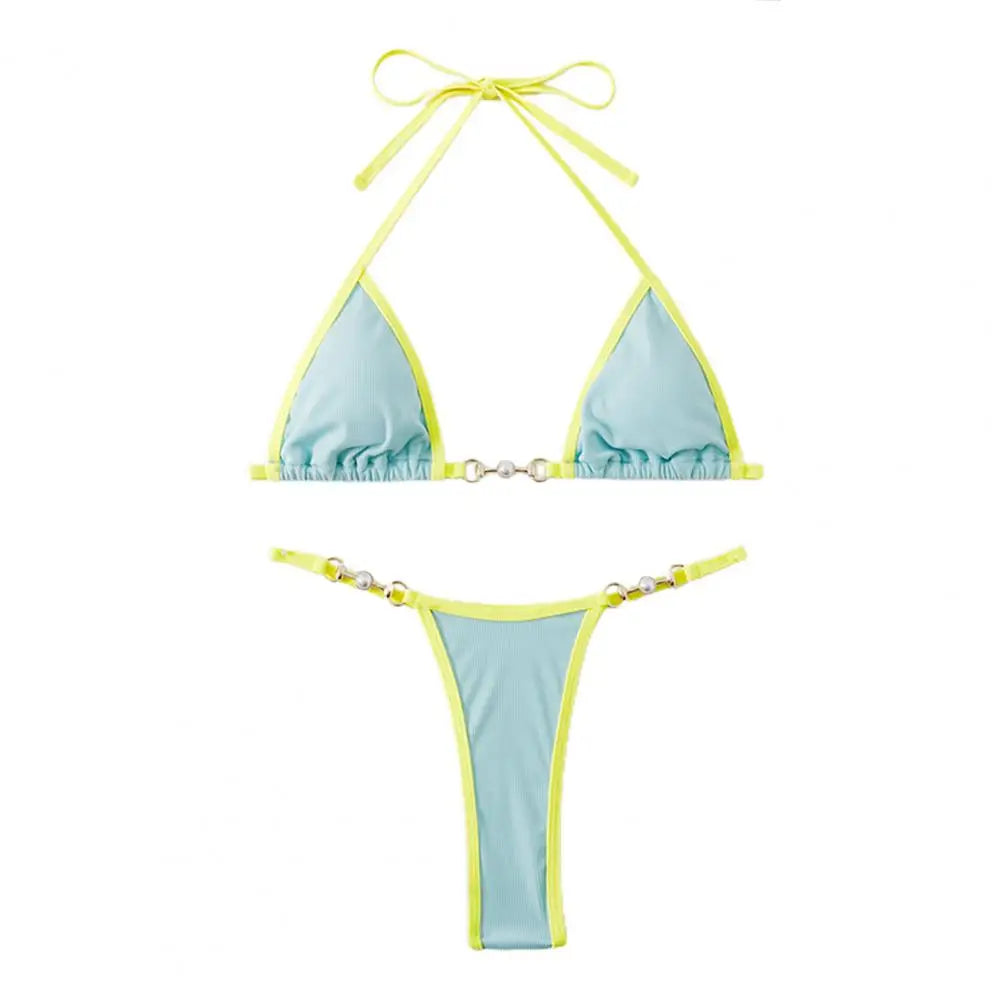 INTIMO SECRETS Women Contrast Halter Bikini Set Deep V Pearl Swimwear
