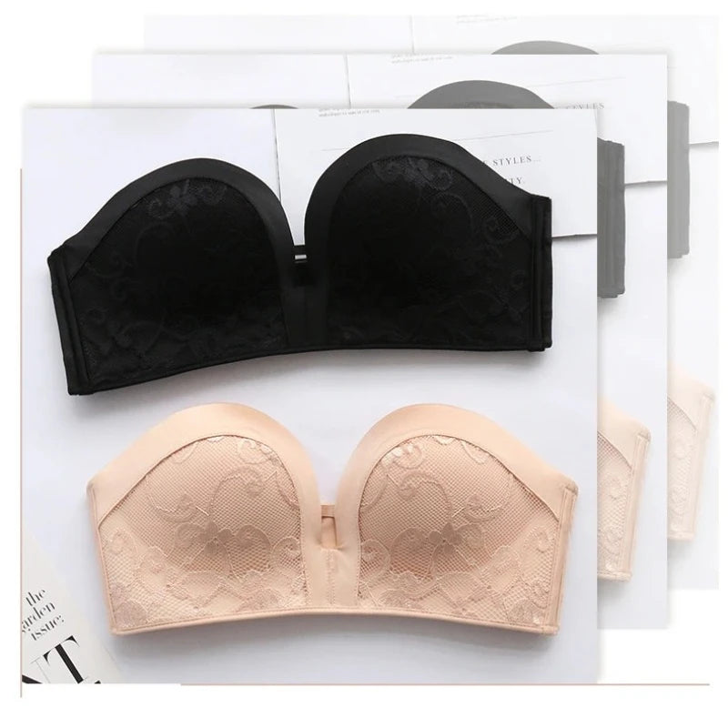 INTIMO SECRETS Women’s Sexy Strapless Bra – Black Lace Seamless Push-Up Invisible Bralette
