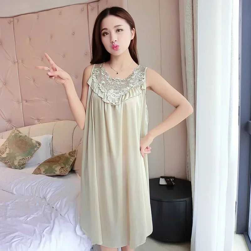 Summer Imitation Silk Nightgowns Women 2025 Sexy Sleepwear Nightwear Female  Spaghetti Strap Underwear Lace Breathable Homewear