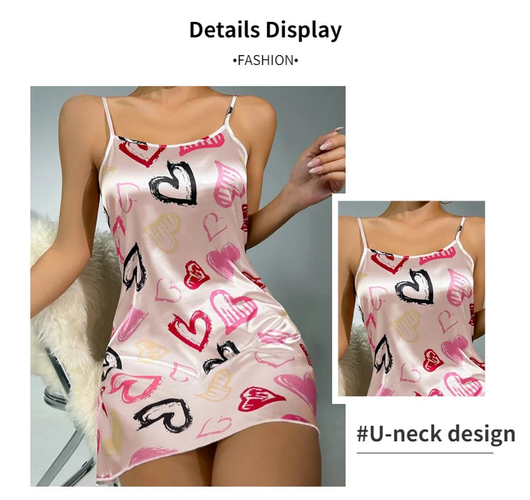 Ladies Sexy Sling Nightgown Nightdress Women's Sexy Lingerie Silk Satin Sleepwear Floral Pinting Nightwear Homewear Mini Dress