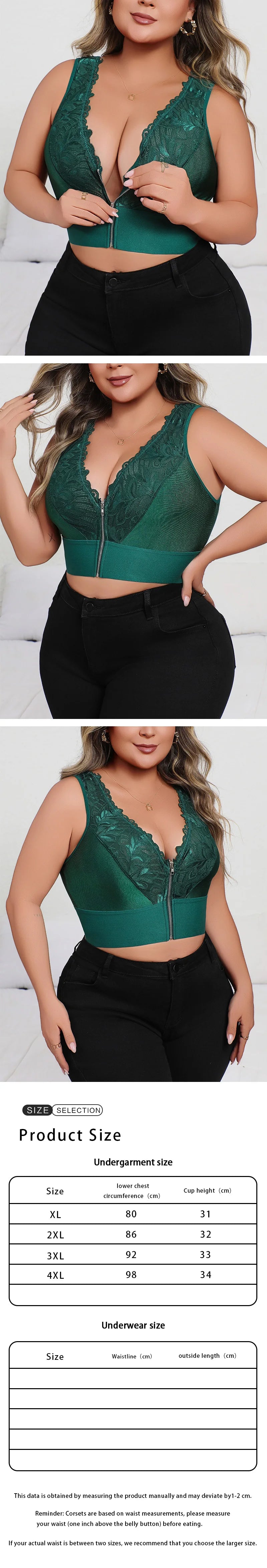 INTIMO SECRETS Plus Size Plunge Push-Up Bra – Dark Green Front-Zip Lingerie