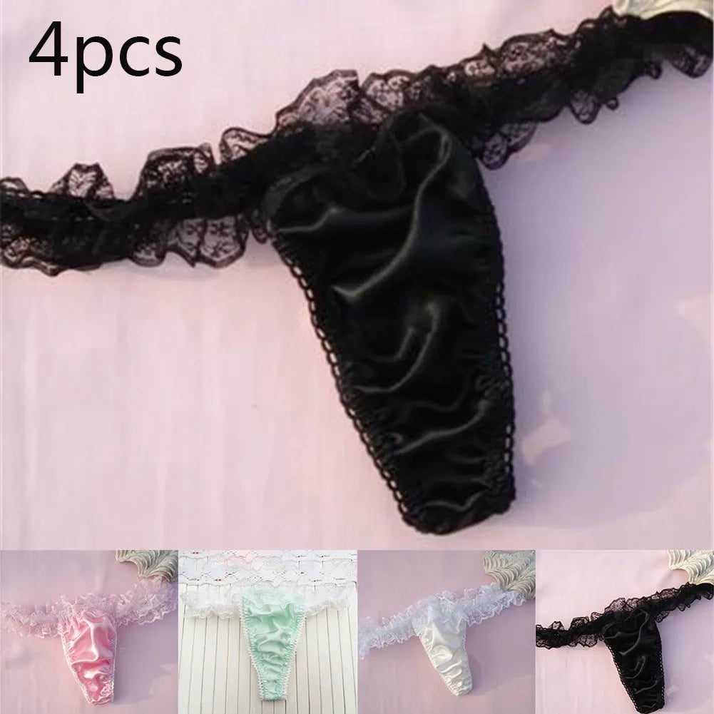 INTIMO SECRETS 1/4Pcs Women’s Sexy Thongs – Low-Waist Lace Splicing Silk G-String Underwear