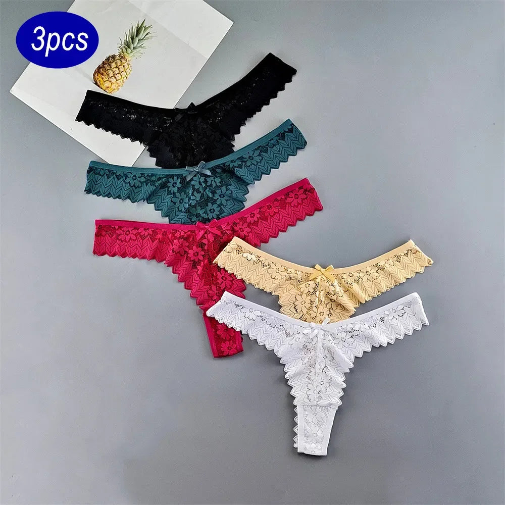 INTIMO SECRETS 3PCS Lace Thongs – Transparent Mid-Waist G-Strings Plus Size