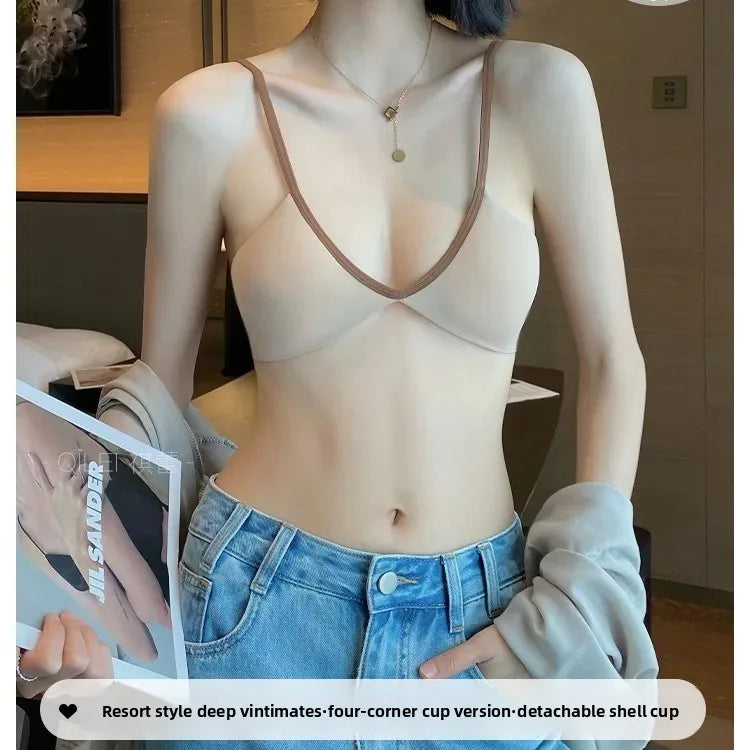 Women's Thin Summer French Style Sexy Deep U Shell Cup Bra Wireless Seamless Fashionable Underwear Comfortable Home Clothes