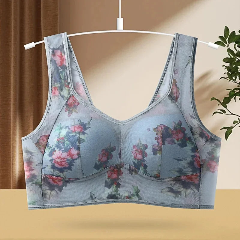 Plus Size Fixed Cup Bra Wireless Breathable Summer Thin Underwear One-Piece Vest Style for Middle-Aged And Elderly People