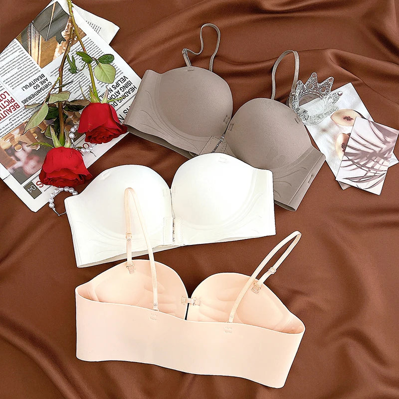 FINETOO 1PCS Women's Push-up Strapless Bras Front Buckle Brassiere Sexy Girls Small Chest Underwear Front Closure Sexy Bra
