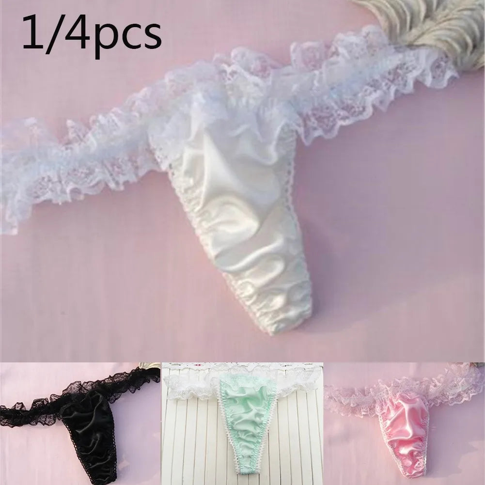 INTIMO SECRETS 1/4Pcs Women’s Sexy Thongs – Low-Waist Lace Splicing Silk G-String Underwear