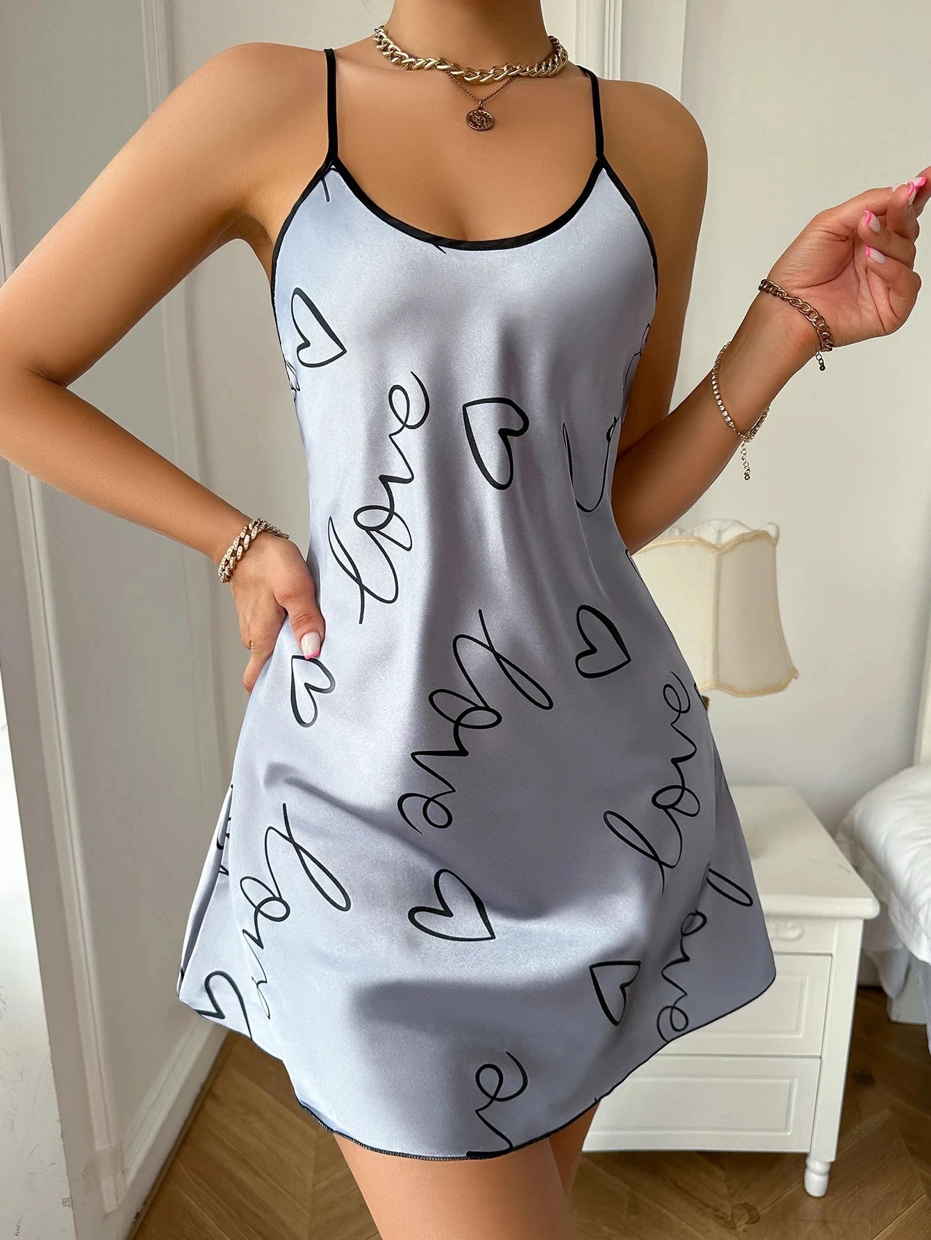 Heart Letter Print Nightdress Casual Round Neck Spaghetti Strap Sleep Dress Women's Sleepwear Dresses