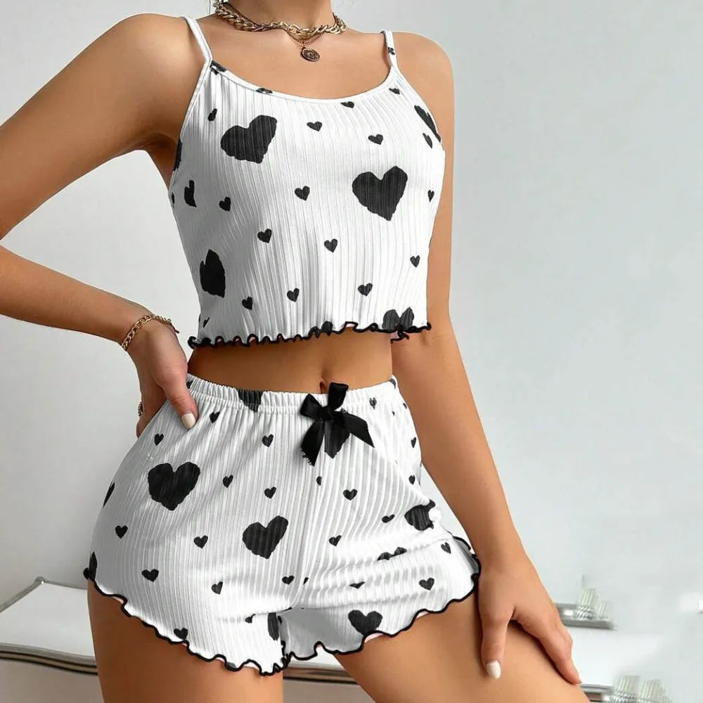 New Summer Thin Pajamas Solid Color Polyester Leisure Suit Homewear Set Sling Shorts Ladies