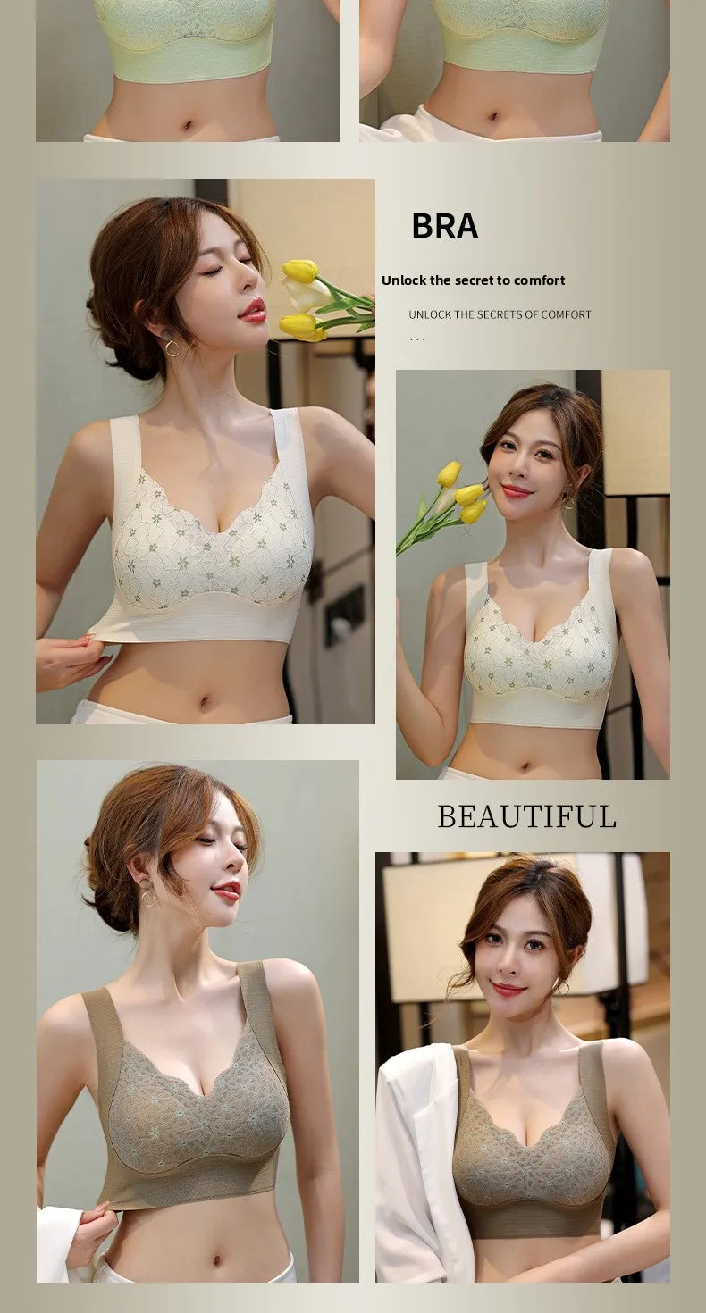 Seamless Lace Backless Bra Vest Fixed Cup Push-Up Side Breast Collection Wireless Vest Style Sleep Bra