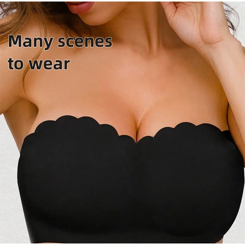 Women's Sexy Strapless Wavy Trim Bandeau Bra Seamless Backless With Side Clasp Ice Silk Top Women Anti-slip Off-shoulder Bra