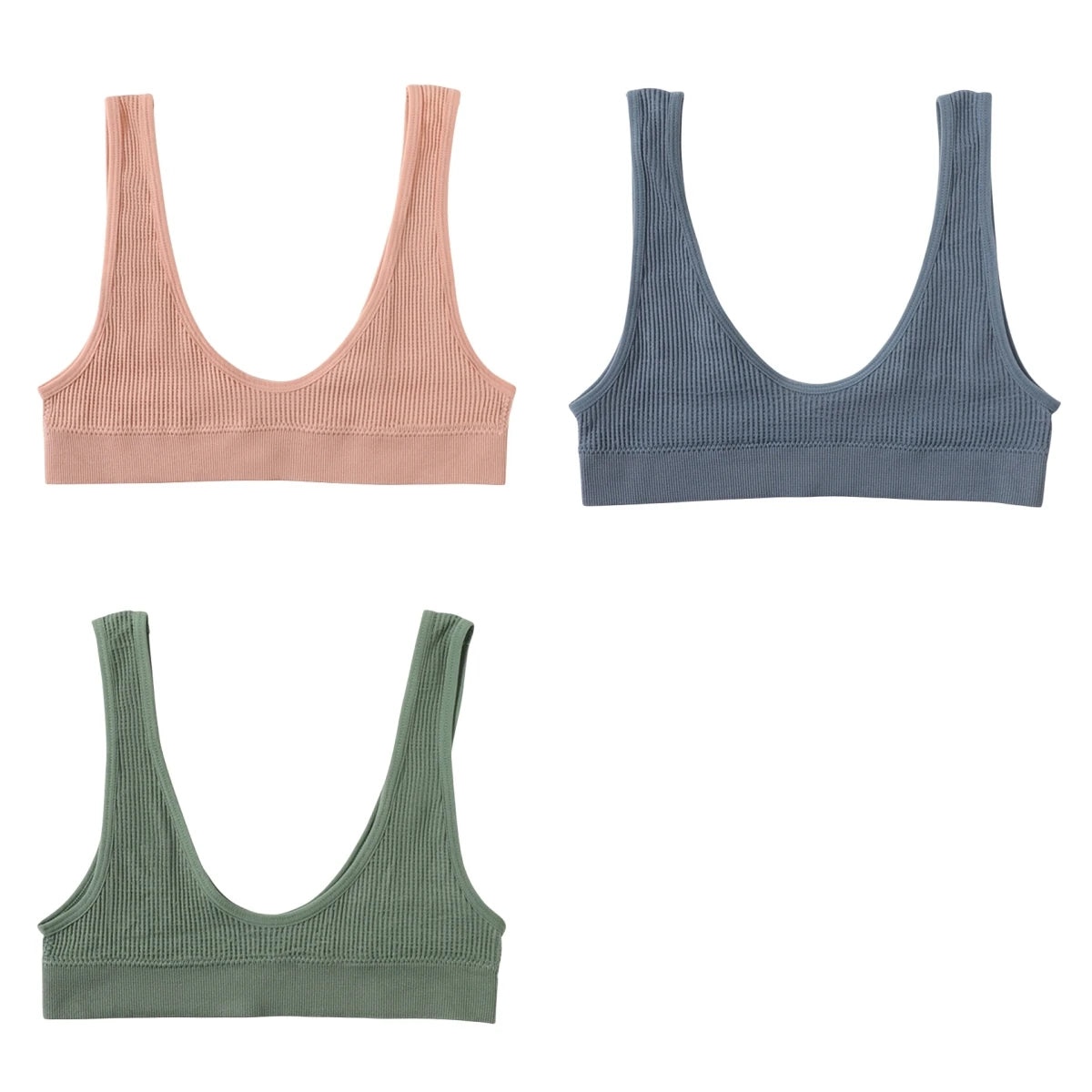 INTIMO SECRETS 3-Piece Seamless Push-Up Sports Bra Set – Deep U-Shape Ribbed Lingerie