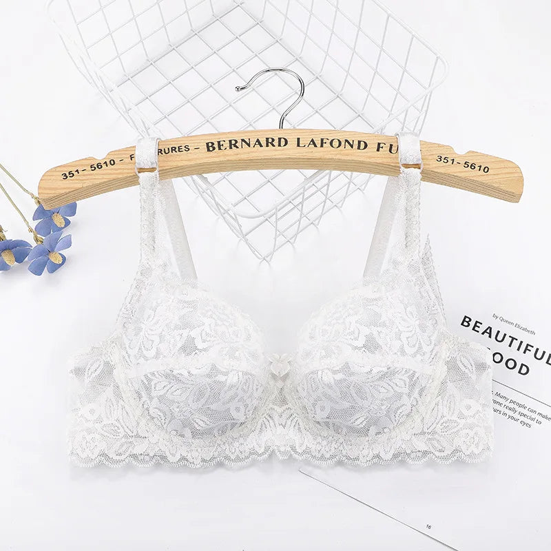 Plus Size Lace Push Up Bra Women Sexy Hollow Out Lingerie Lady Lace Transparent Underwear Female Embroidery Solid Bra