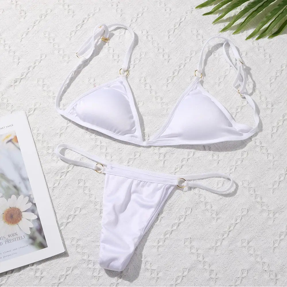 INTIMO SECRETS Women’s Solid Color Bikini Set – Metal Buckle Sling Backless Two-Piece Swimsuit