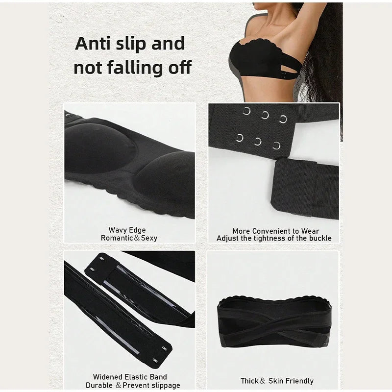 Women's Sexy Strapless Wavy Trim Bandeau Bra Seamless Backless With Side Clasp Ice Silk Top Women Anti-slip Off-shoulder Bra