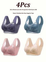 INTIMO SECRETS 4-Piece Lace Push-Up Bra Set – Ice Silk Deep V Bralette, Plus Size L-5XL