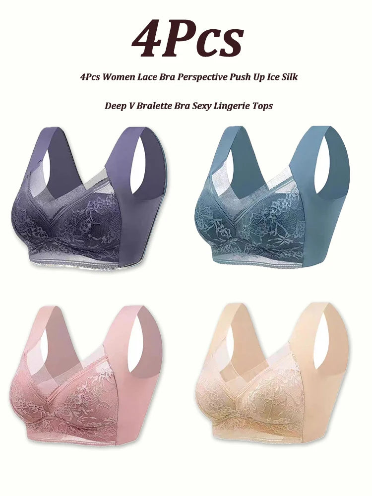INTIMO SECRETS 4-Piece Lace Push-Up Bra Set – Ice Silk Deep V Bralette, Plus Size L-5XL