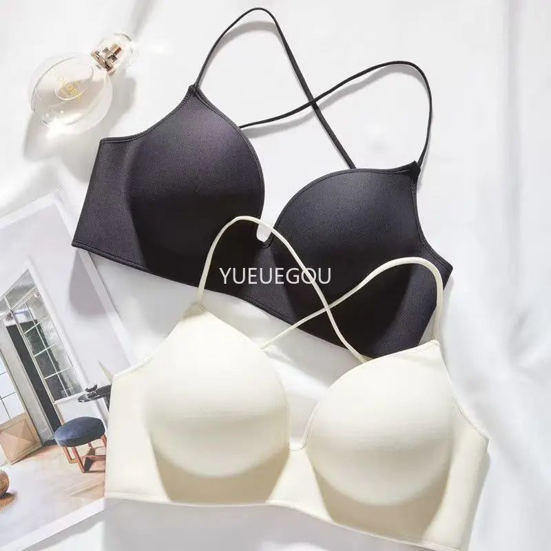 INTIMO SECRETS Women’s Thick Push-Up Bra – AA Cup, Wireless, Cross Strap, Seamless T-Shirt Bra