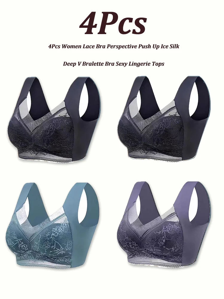INTIMO SECRETS 4-Piece Lace Push-Up Bra Set – Ice Silk Deep V Bralette, Plus Size L-5XL