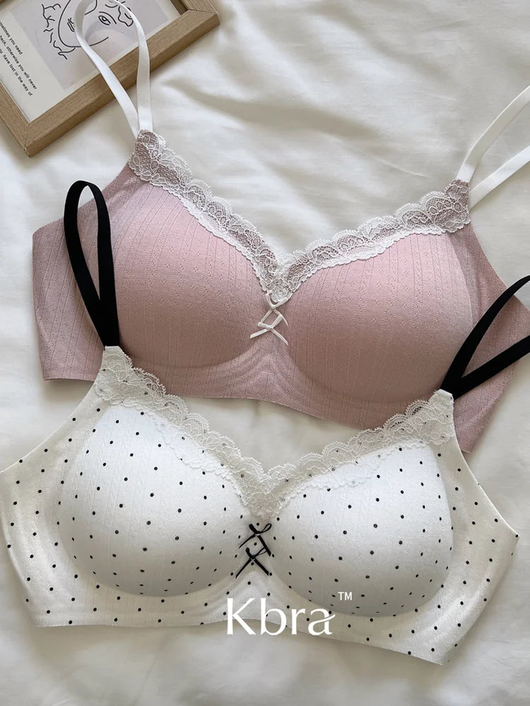 Lace Contrast Floral Print Lingerie for Women, Small Chest Gathering, Seamless and Underwire Bra