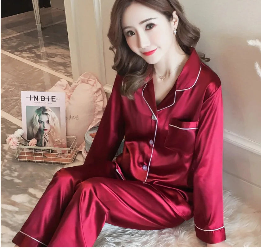 Womens Silk Satin Pajamas Set Sleepwear Pijama Women's Loungewear Pajamas Suit Female Sleep Two Piece Set Feminino Fofo Pyjamas