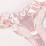 INTIMO SECRETS Pink Satin Silk Ruffle Thong – Sexy Low-Waist G-String for Women