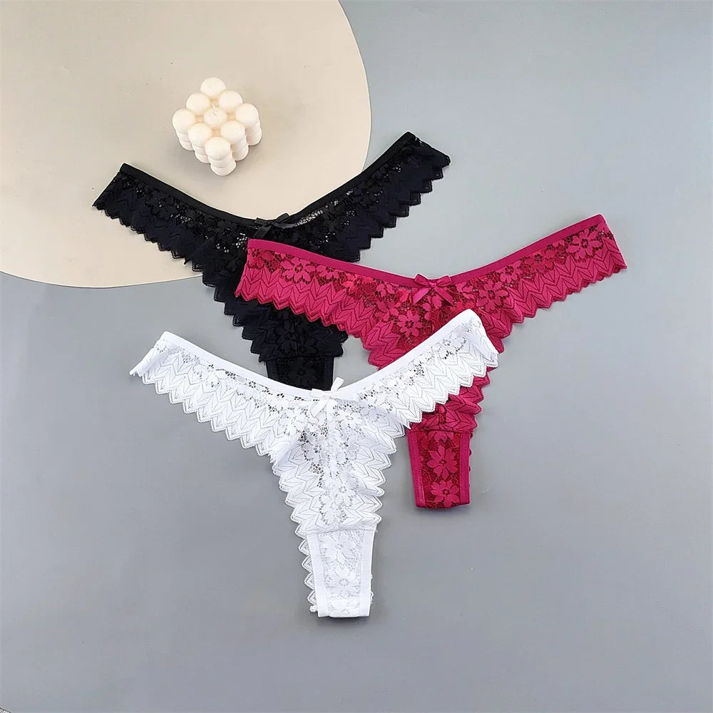 INTIMO SECRETS 3PCS Lace Thongs – Transparent Mid-Waist G-Strings Plus Size