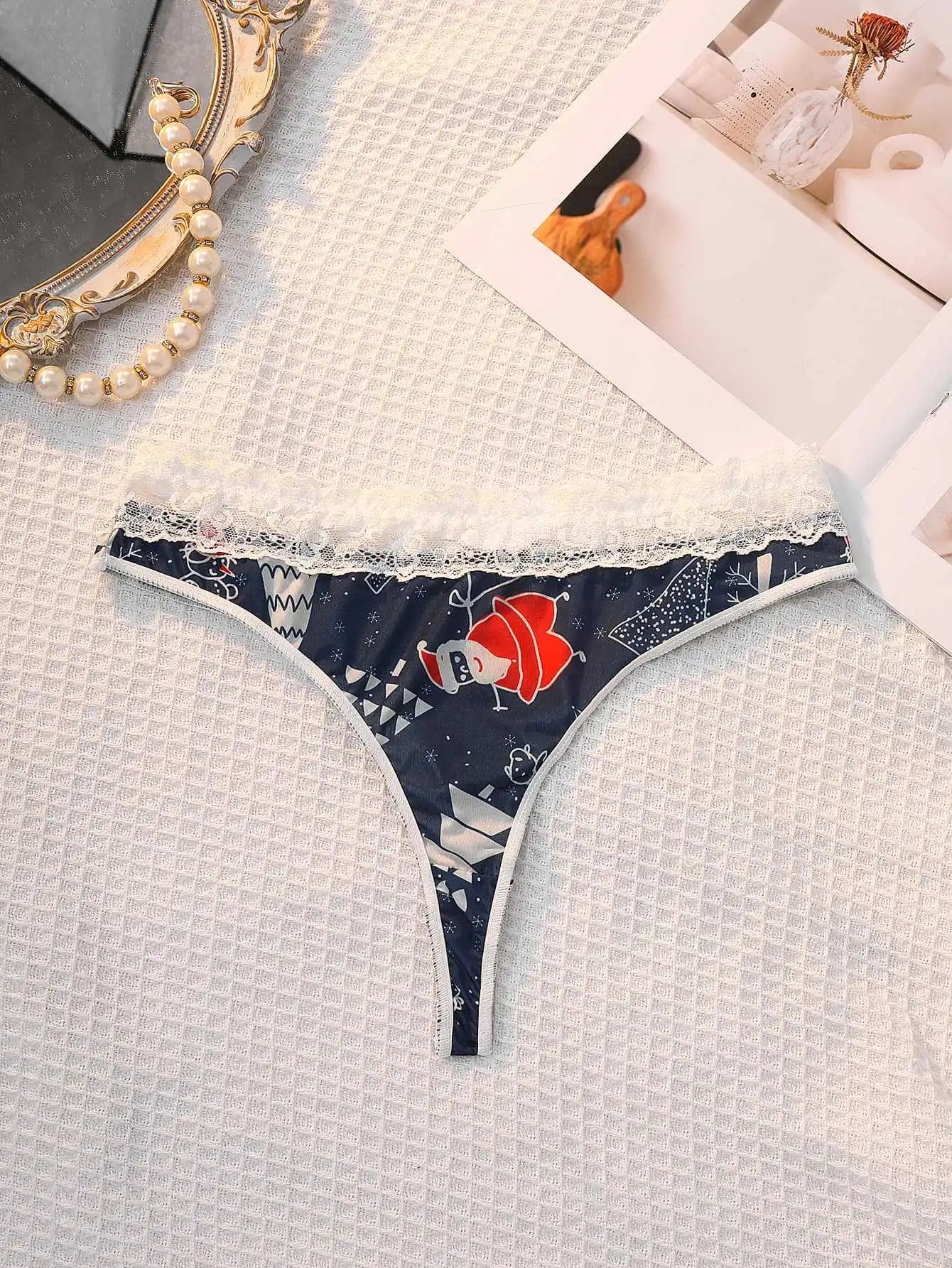 INTIMO SECRETS Sexy Christmas Print G-String – Festive Lace Thong & Breathable Soft Holiday Lingerie