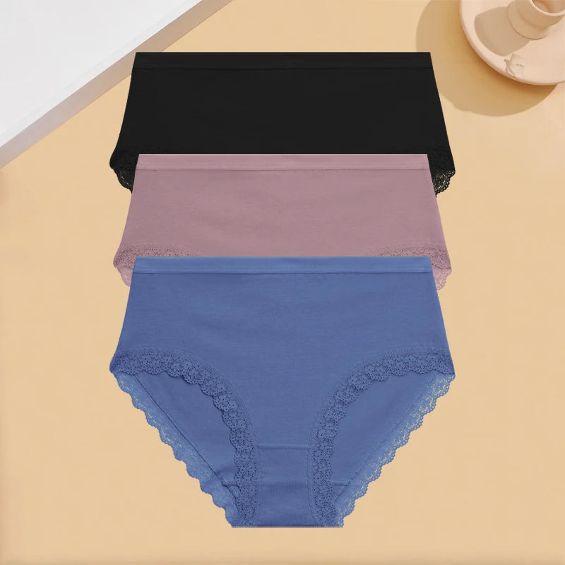 INTIMO SECRETS 3PCS Cotton Lace Panties – Plus Size Women’s Mid-Waist Lingerie