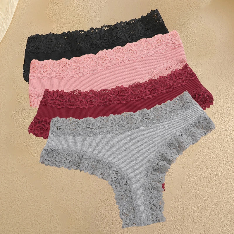 4Pcs/Set Women's Cotton Panties Lace Sexy Brazilian Pants Floral Lace Underwear Trendy Patchwork Briefs  Female Soft Underpants