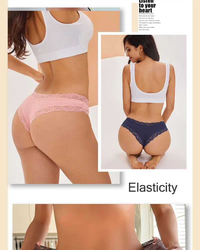 INTIMO SECRETS 3PCS Lace Cotton Thongs – Sexy Low-Rise Seamless G-String Underwear for Women S-XL