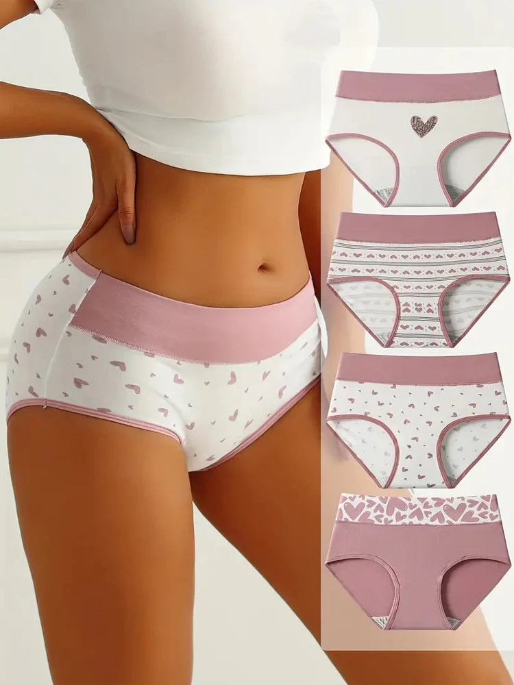 Plus Size 4Pcs Cotton Women's Panties High Waist Underwear Print Ladies Briefs Slim Unswepants Breathable Sexy Ladies Lingerie