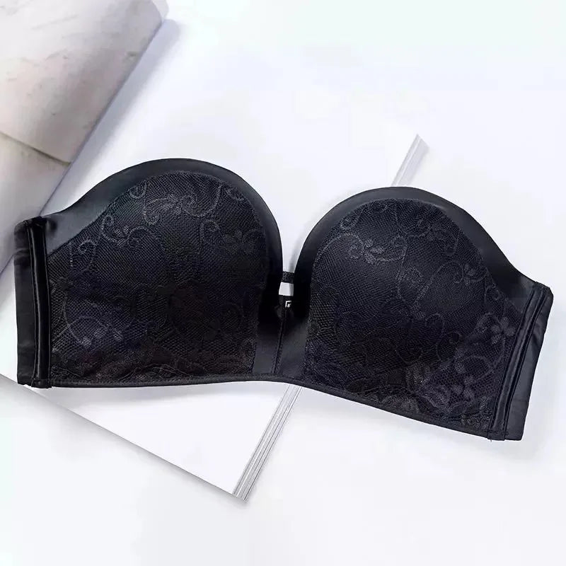 INTIMO SECRETS Women’s Sexy Strapless Bra – Black Lace Seamless Push-Up Invisible Bralette