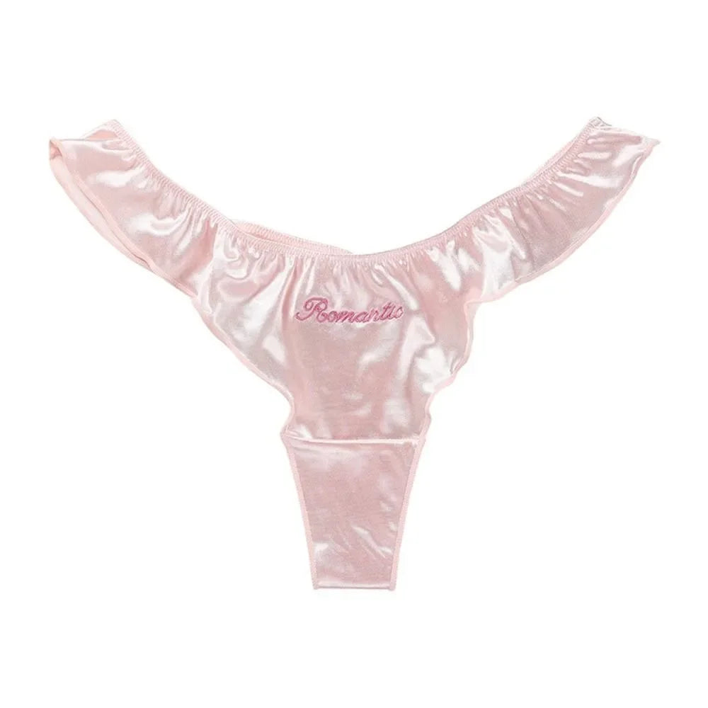 INTIMO SECRETS Pink Satin Silk Ruffle Thong – Sexy Low-Waist G-String for Women