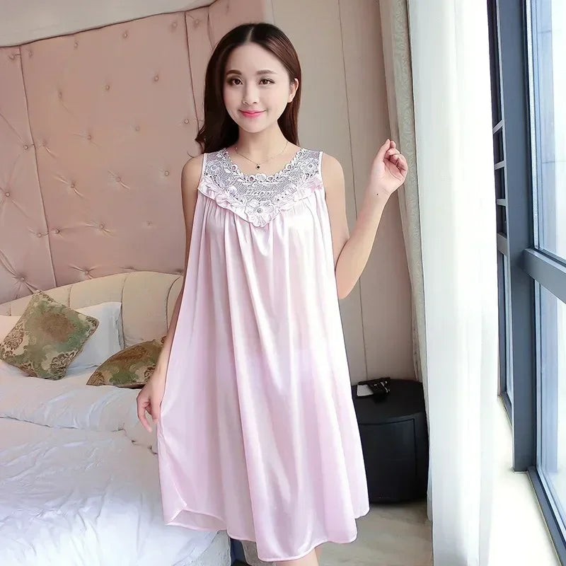 Summer Imitation Silk Nightgowns Women 2025 Sexy Sleepwear Nightwear Female  Spaghetti Strap Underwear Lace Breathable Homewear