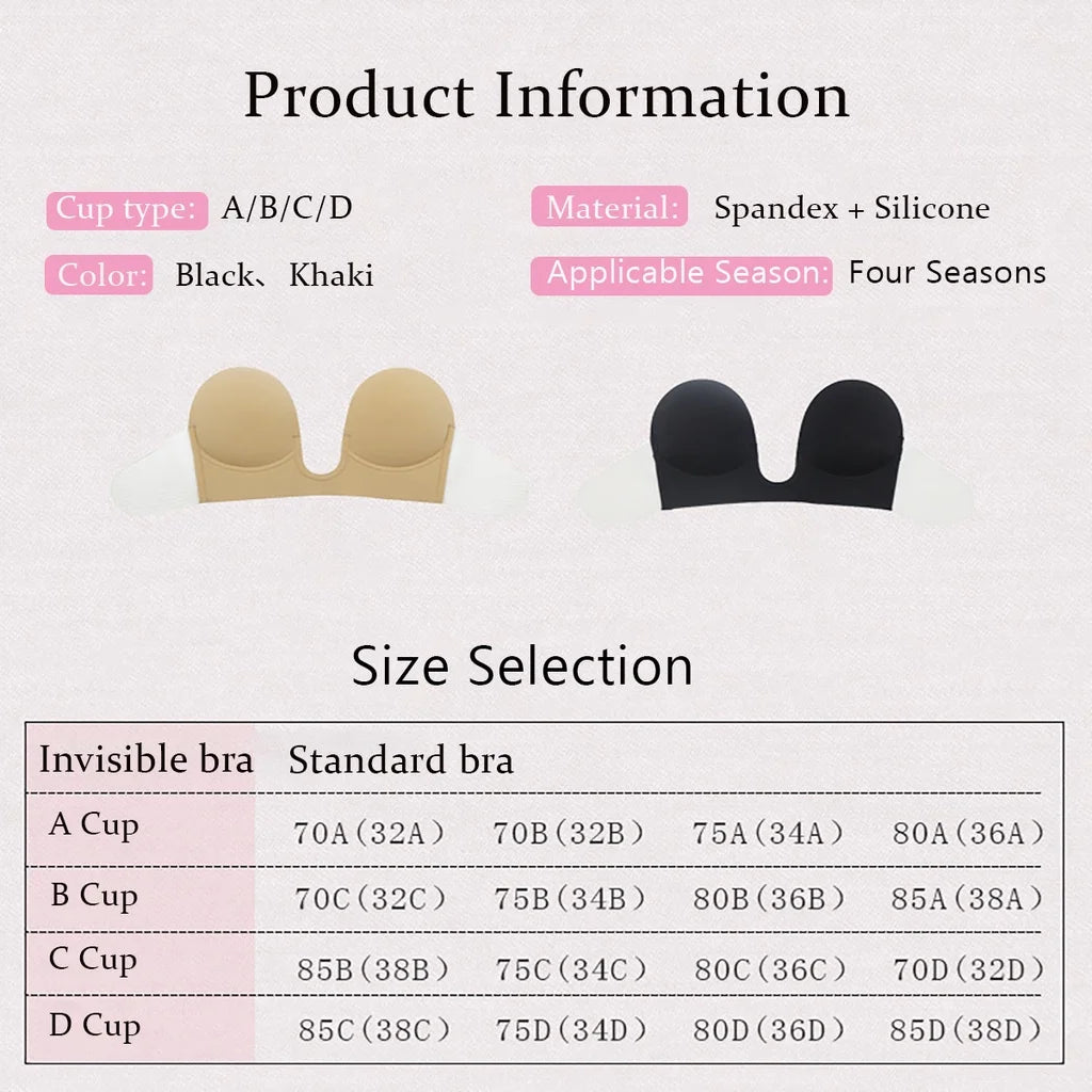INTIMO SECRETS Strapless U-Shaped Silicone Bra – Invisible Adhesive Push-Up Backless Lifting Bralette