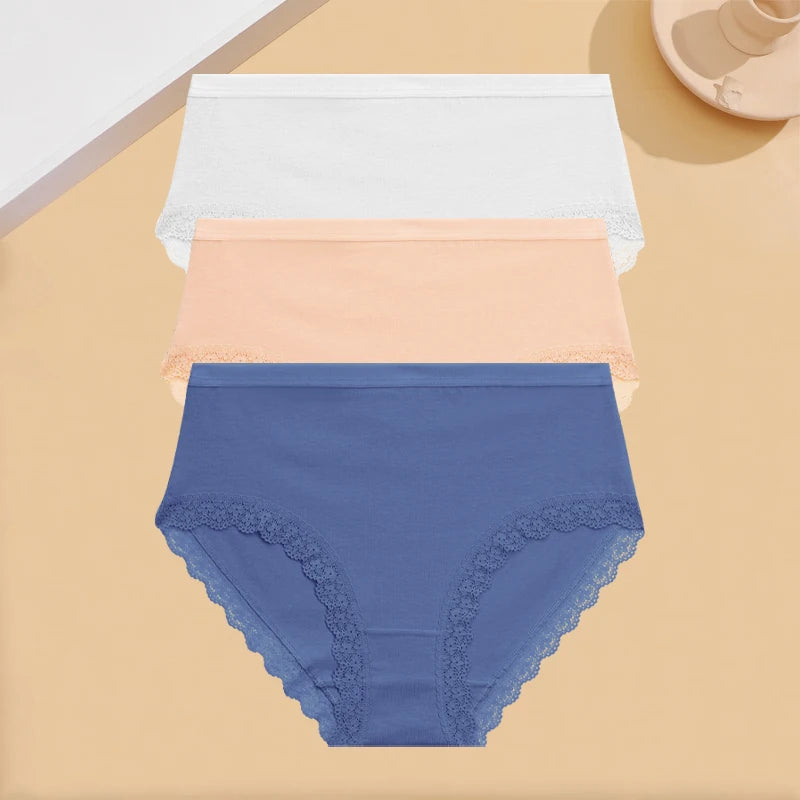 INTIMO SECRETS 3PCS Cotton Lace Panties – Plus Size Women’s Mid-Waist Lingerie