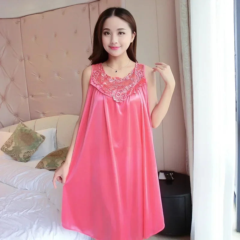 Summer Imitation Silk Nightgowns Women 2025 Sexy Sleepwear Nightwear Female  Spaghetti Strap Underwear Lace Breathable Homewear