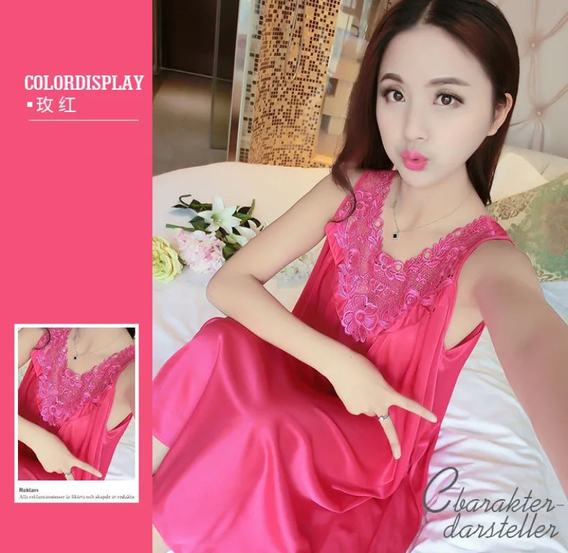Summer Imitation Silk Nightgowns Women 2025 Sexy Sleepwear Nightwear Female  Spaghetti Strap Underwear Lace Breathable Homewear