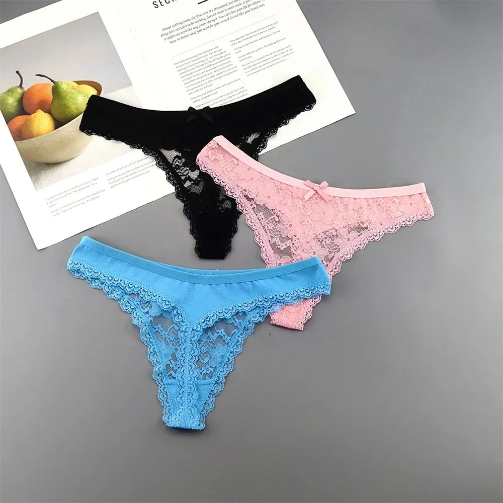 INTIMO SECRETS Plus Size Lace Cotton Thongs – Seamless T-Back G-String Underwear for Women 3PC