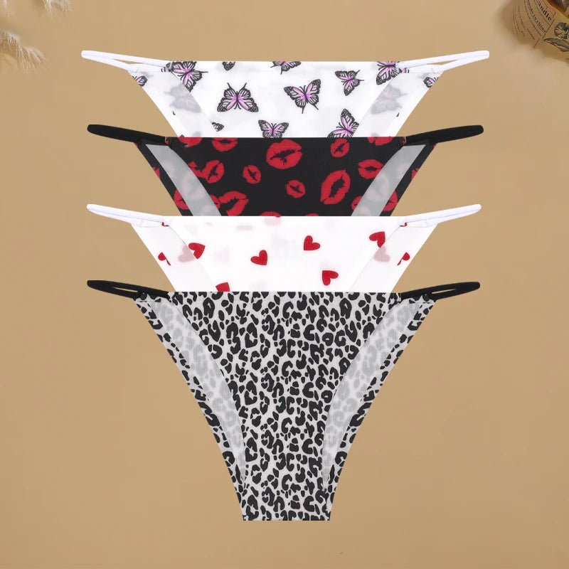 4Pcs/Set Graphic Print Briefs Women Seamless Ultra-thin Panties Sexy Low Waist Leopard Love Underwear Girls Breathable Lingerie
