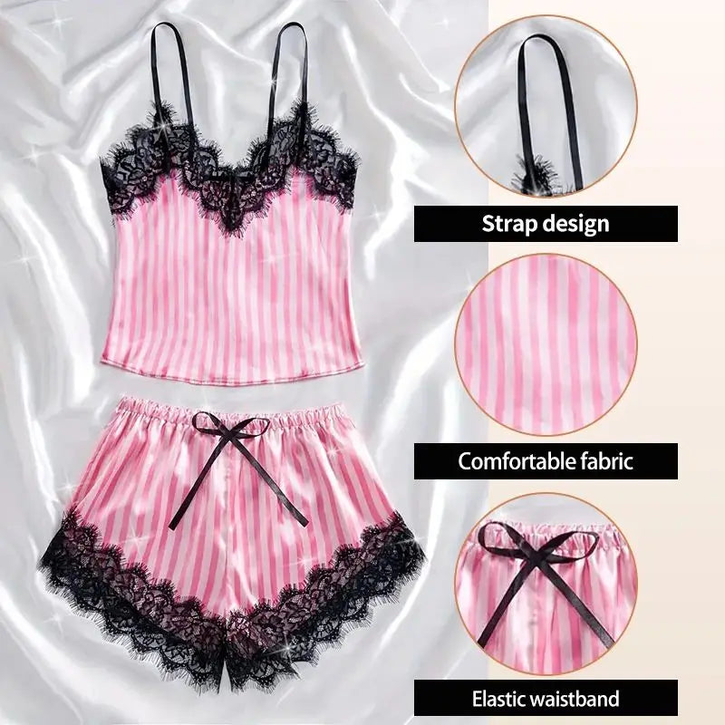 Two Piece Women's V-Neck Sexy Lace Suspender Pajama Shorts Set Casual Women's Sleeveless Sexy Pajama Set