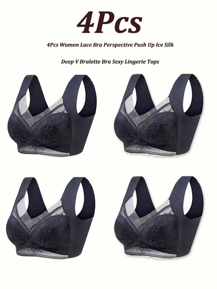 INTIMO SECRETS 4-Piece Lace Push-Up Bra Set – Ice Silk Deep V Bralette, Plus Size L-5XL