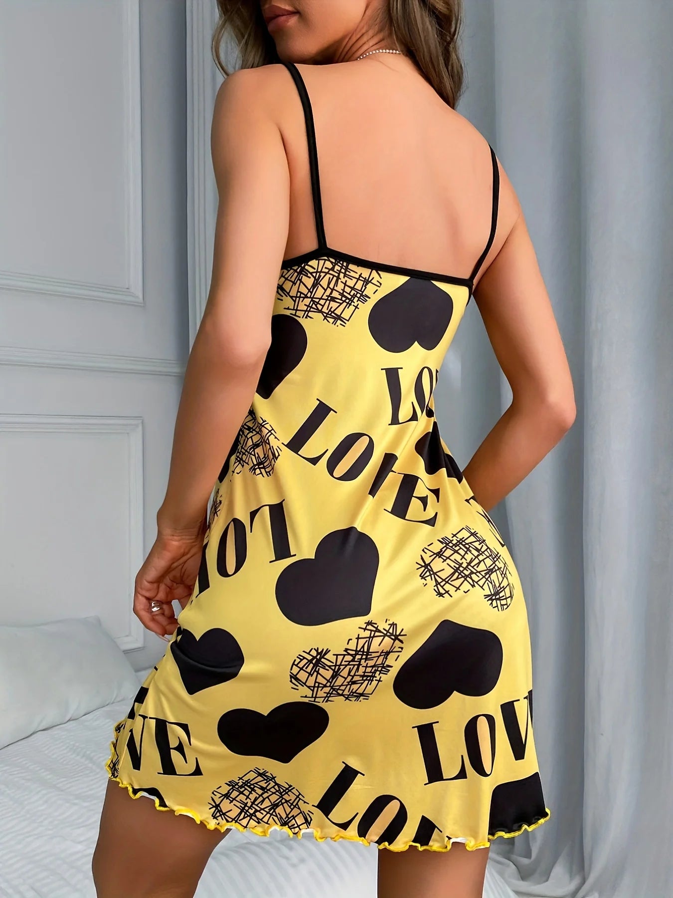 Love Heart Print Satin Sleepwear Dress for Women Sexy Spaghetti Strap Nightgown Soft Summer Loungewear Pajama Dress
