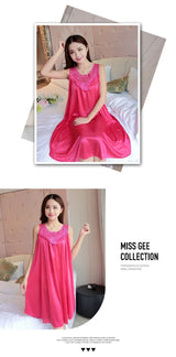 Summer Imitation Silk Nightgowns Women 2025 Sexy Sleepwear Nightwear Female  Spaghetti Strap Underwear Lace Breathable Homewear